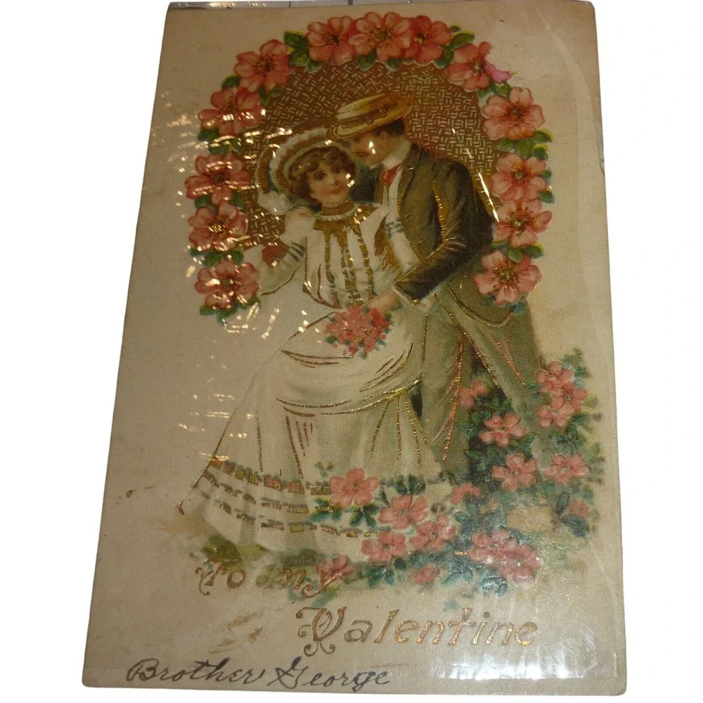 Antique 1906 Valentine‎ Postcard Embossed Gold Foil Victorian Couple Floral